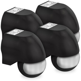 deleyCON 4 x Infrared Motion Sensor Surface-Mounted Wall Mounted Indoor Outdoor Splashproof Rotatable Tiltable 180° Working Area 12 m Range Black