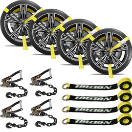 IBITION 4 Pack Car Tie Down Straps for Trailers with Heavy Duty Chain Anchors 2" x 96" - 3,300 lbs Safe Working Load -Adjustable Wheel Straps with Chain Hook Anchors for Trailers.Yellow