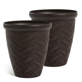 Worth Garden 2-Pack 16" Large Round Planter - Weave Pattern Lightweight Plastic Plant Pot 16" x 17.5" for Indoor Outdoor Use - Decorative Containers for Front Porch Home Yard Deck Patio - Dark Brown