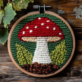 DIY Punch Needle Kits Red Mushroom with GreenBackground Easy for Beginners Punch Needle Yarn Starter Embroidery Set for Craft Lovers with Hoop for Home Decoration 20x20cm(5)