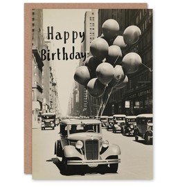 Artery8 Birthday Card Vintage Car Balloons 1920s Black and White Photo For Him Man Male Dad Brother Son Papa Grandad Greeting Card