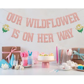 Rose Gold Glitter Our Wildflower is on Her Way Banner, Sweet Baby Girl Gender Reveal Decor, Baby Shower Decorations, Little Wildflower Welcome Baby Shower Decoration
