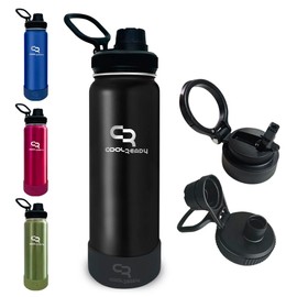 COOLREADY Botella Térmica 24 oz con Tapa Pitillo, Tapa Chug y Bota Silicona – Acero Inoxidable Doble Pared – Ligera, Portátil, Viajes, Compatible con Portavasos – Frío 24h / Calor 12h – Negra