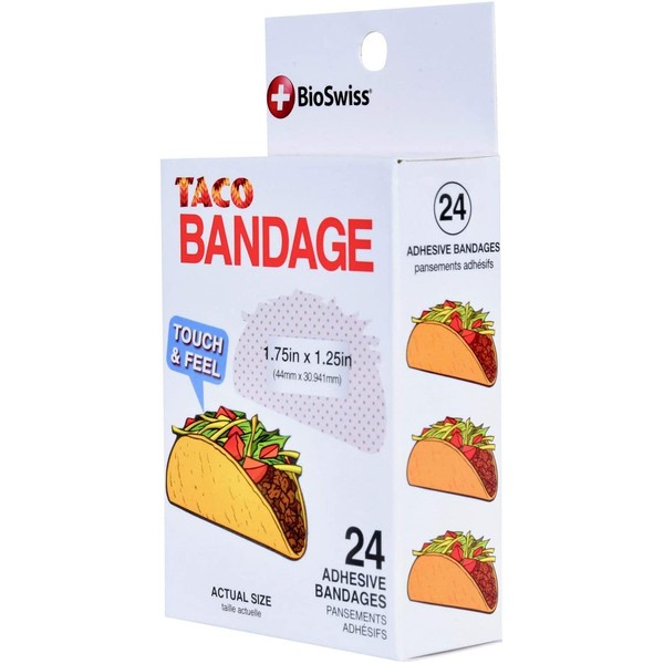 BioSwiss Novelty Bandages Self-Adhesive Funny First Aid, Novelty Gag Gift (24pc) (Taco)