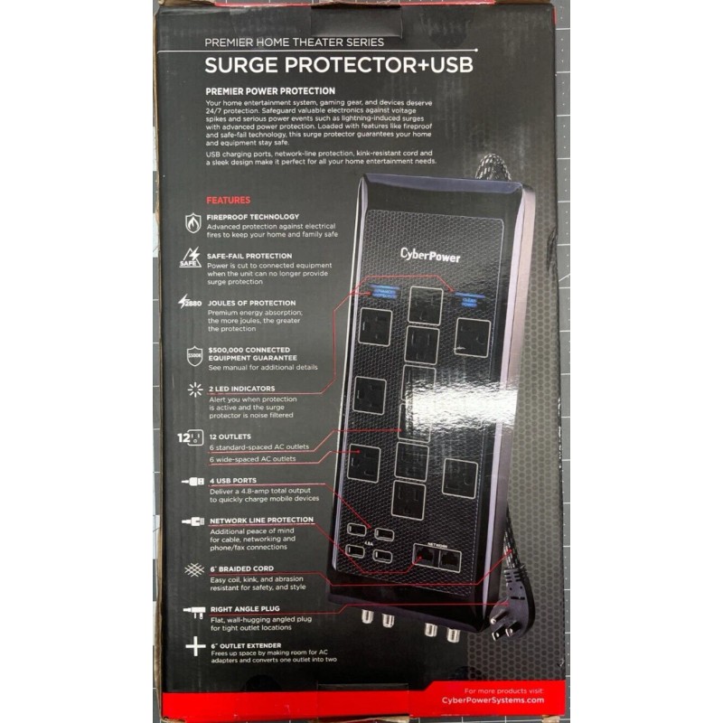 CyberPower 12-Outlet Surge Protect 6 ft. Braided Cord USB Coax,