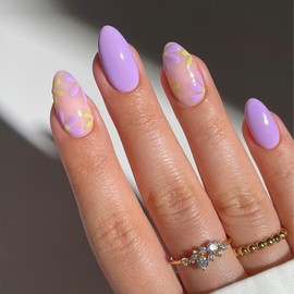 Purple Press on Nails Short Almond OFDNE Flower Fake Nails False Nails with Floral Designs Cute Nails Full Cover Glossy Glue on Nails Spring Summer Acrylic Nails for Women Girls 24Pcs
