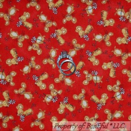 Quilting Treasures BonEful Fabric FQ Cotton Quilt VTG Red Brown Yellow Mouse Mice Daisy Flower B&W