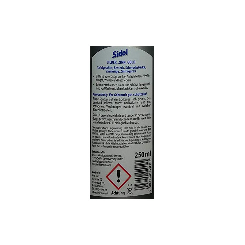 SIDOL Silver Pewter Gold 250 ml Thoroughly Cleans Tableware, Cutlery,