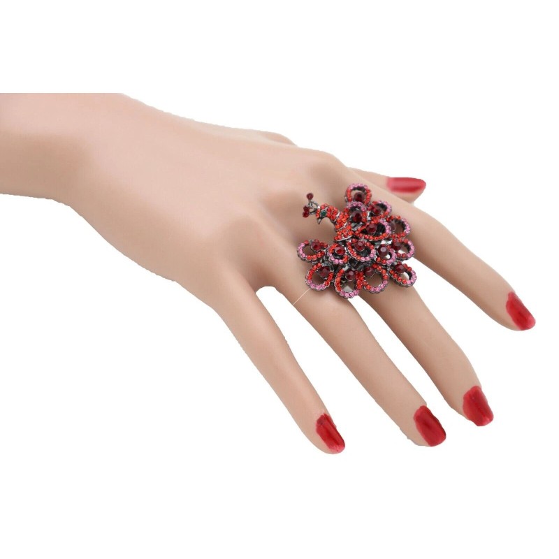 Unbranded Women Peacock Ring Red Pink Animal Feathers Metal Elastic