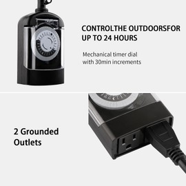 M EGA MEGACUBE Outdoor Timer Outlet Waterproof, 24 Hour Mechanical Timer Outlet for Home and Garden, 2 Grounded, 15A 3/4HP, Black, 1 Pack