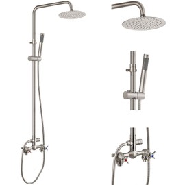 Aolemi Outdoor Shower Kit Outdoor Shower Fixtures Faucet System 2 Handle with 8 Inch Rainfall Shower Head and Handheld Sprayer Exposed Shower with Adjustable Height Shower Pipe Brushed Nickel