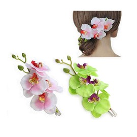 2PCS Hawaiian Orchid Flower Hair Clips Flowers Alligator Clips Hairpins Holiday Travel Wedding Decoration Hair Accessories For Women Lady Bridal (White Green)