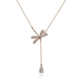 Silberkette für Frauen zierliche Libelle Anhänger Gold Halskette Minimalistische Libelle Kristall Halskette Käfer stapelbar (Rose Gold)