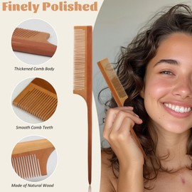 Rat Tail Wooden Comb for Daily Grooming and Styling, Unisex Anti-Static Comb with Fine Teeth for Curly and Straight Hair