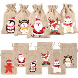 DIYDEC 24PCS Christmas Burlap Bags, Xmas Jute Line Candy Burlap Bags Pouch with Drawstring for Christmas Party Supplies