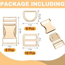 Zeyune 32 Pack Metal Buckles for Straps Dog Collar, 8 Pcs Side Release Buckle 8 Pcs D Rings 16 Pcs Tri Glide Slides Buckles(Gold)