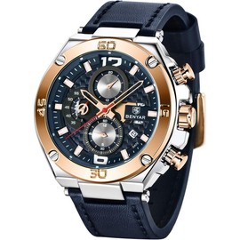 BENYAR Mens Watches Chronograph Date   Watches Leather Strap Business Wrist Watches - Color: gold