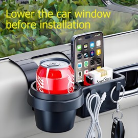 GDQ 4-in-1 Car Window Organizer - Clip-On Cup Holder & Phone Mount with Hooks | No Drill Universal Fit for SUV/Truck/Sedan | Insert Installatio（1 Pack）