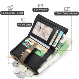 GOUNNU Small Women's PU Leather Purse Small and Short Format RFID Women's Purse with Coin Compartment Small Zip Wallet, Mini Wallet with Card Slots and Bracelet, black, Modern