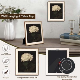 Framed Flower Wall Art, Vintage White Hydrangea Still Life Floral Art Prints, Moody Vintage Canvas Oil Painting, Antique Botanical Floral Wall Decor Pictures for Bedroom, Kitchen, Shelf, Bathroom Wall Decor - 10x12Inch