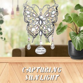 Butterfly Rhinestones Hanging Ornaments Charm Mom Mother's Day Butterfly Wind Chime Ornament Charm with Metal Heart Gifts for Mom Grandma Aunt Birthday (Blue, Grandma)