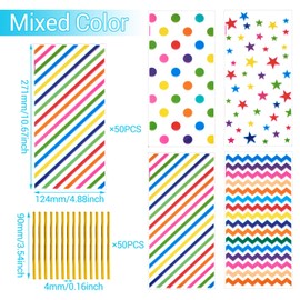 Boutigem 50Pcs Cellophane Treat Bags with Twist Ties, Polka Dot Star Stripe Wave Printed Clear Party Favor Bags, Plastic Candy Gift Bags, Goodie Snack Gift Bags for Birthday Party Wedding Supplies
