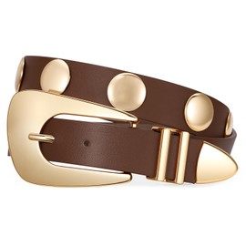 SUOSDEY Womens Gold Studded Leather Belt Fashion Punk Ladies Waist Belt with Gold Buckle