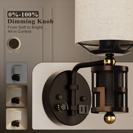 HYMELA V07-1 Vintage Wall Sconce Light with USB A+C Charging Ports, Hardwired/Plug in Wall Sconces with Dimming Knob and Linen Lampshade, Wall Lights for Bedroom Living Room Kitchen (Bulb Included)