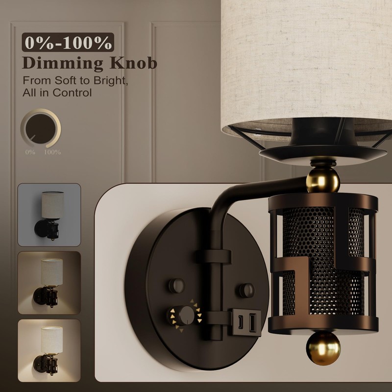 HYMELA V07-1 Vintage Wall Sconce Light with USB A+C Charging