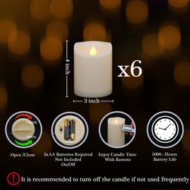 7LinRay Battery Operated Flickering Flameless Candles with Remote and Timers, 1000 Hours Waterproof Outdoor Indoor LED Pillar Flameless Candles,Ivory Plastic, D3 X H4, Set of 6