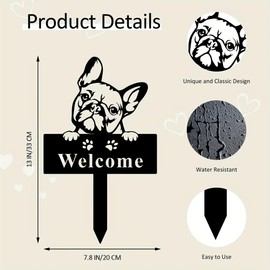 Metal WELCOME Yard Sign Front Yard Stakes French Bulldog Garden Stake 33CM Height Waterproof Decorative Black Stake Lawn Garden Sturdy Art Decor for Outdoor
