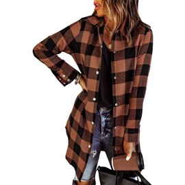 EVALESS Womens Fall Clothes Fashion 2024 Plus Size Color Block Plaid Shacket Jacket Outfits Long Sleeve Button Down Flannel Shirts Jackets Coats With Pockets Brown XX-Large