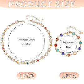 1 Pearl Colored Diamond Flower Necklace and 1 Love Zircon Bracelet, Retro Ele Necklace, Golden Collarbone Chain, Y2K Sweet Style Ornament.