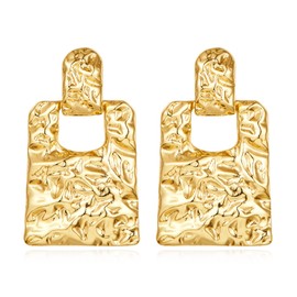 HESSAWELL Gold Hammered Rectangle Geometric Pendant Earrings Statement Vintage Squarely Drop Earrings for Women Jewelry