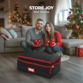 Premium Christmas Ornament Storage Box - Hold Up to 72-3 Inch Ornaments, 6 Side Slots for Figurines, Nutcrackers, etc. Holiday Decoration Organizer - Quality 600D Canvas for Durability - Black