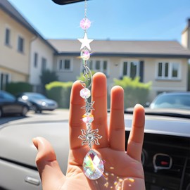 XLIUAX Moon and Star Rear View Mirror Car Charm, Cute Boho Sun Catcher Pendant Hangings Ornaments Healing Crystals Stones Car Decor for Women Men(A)