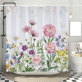 Pink Floral Shower Curtain, Watercolor Flower Shower Curtains for Bathroom, Spring Blossom Wildflower Shower Curtain 72x72 Inch, Nature Botanical Plant Bathroom Decor, Fabric Decorative with Hooks