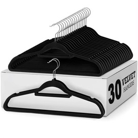 30pck Velvet Hangers - Heavy Duty Black Hangers for Coats, Pants & Dress Clothes - Non Slip Clothes Hanger Set - Space Saving Felt Hangers for Clothing - Black/Gray Hnagers (Black, 30)