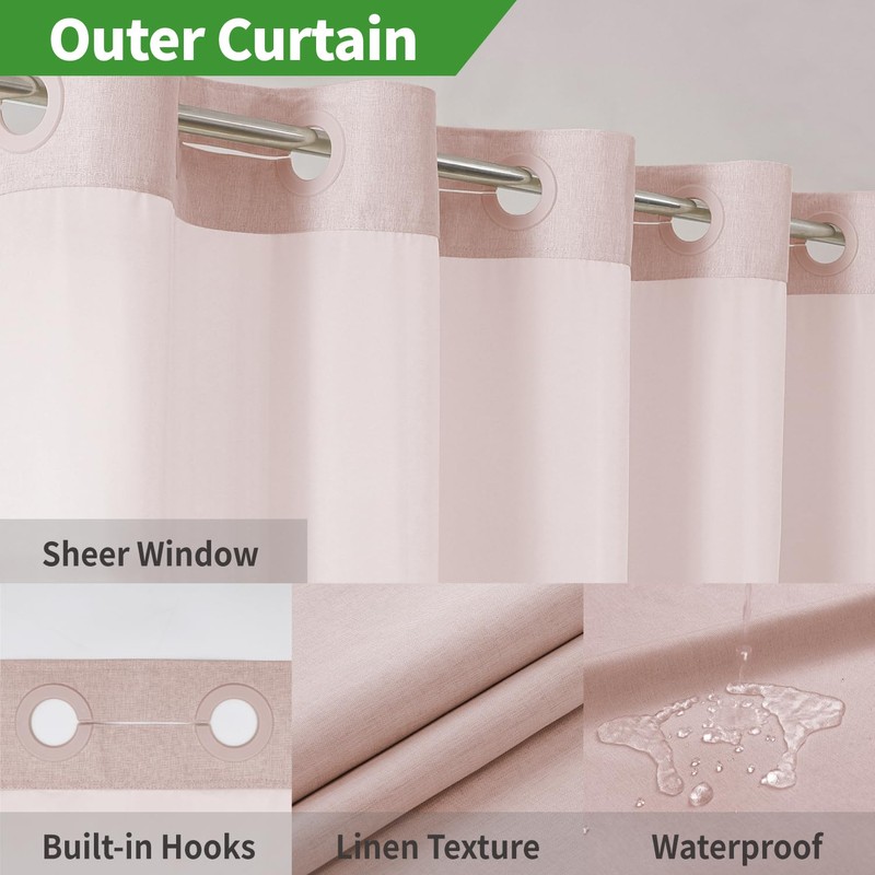 eachope Extra Long No Hooks Needed Linen Textured Shower Curtain