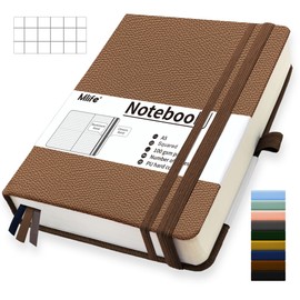 Mlife A5 Graph Paper Notebook,360 Pages Thickened Squared Notebook,Premium 100g/M² Ink Resistant Paper Thick,Pu Hard Cover Grid Notebook,Inside Pocket,Elastic Banded,Grid Paper for Writing(Brown)