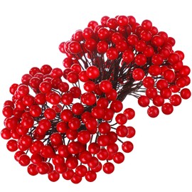 BBTO Artificial 200 Pack Holly Christmas Berries on 100 Wire Stems 8 mm Fake Berries for Christmas Tree Decorations Wreath Craft Wedding Party Favor (Red)