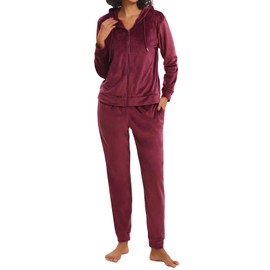 Navisting Women's Velvet Tracksuit Set Casual Full Zip Hooded Jacket and Long Workout Pants Jogging Suit Cuffed Style Burgundy S