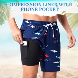 AutoWT Mens Swim Trunks with Compression Liner, 2 in 1 Swim Shorts for Men Swimming, Quick Dry Swimwear Beach Shorts Bathing Suits with Pockets, Dark Blue Shark, XL