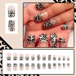 French Tip Press on Nails Medium Square Fake Nails Glossy Brown Leopard Print False Nails with Silver Rhinestone French Designs Glossy Glue on Nails Acrylic Nails for Women Manicure Nail Decor 24Pcs