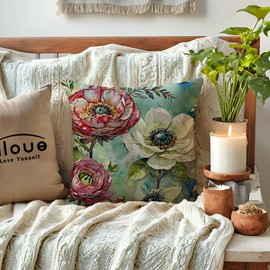 ULOVE LOVE YOURSELF Decorative Throw Pillow Case Oil Painting Floral Cushion Cover Spring Summer Garden Art Pillow Covers 18 X 18 Inches,4Pack White Anemone and Pink Peony Design for Sofa Couch Porch