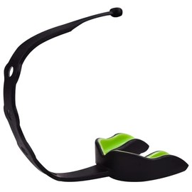 Oral Mart Black/Green Strapped Youth Mouth Guard for Kids - Sports Mouthguard with Strap for Ice Hockey, Football, Lacrosse, Taekwondo, Flag Football