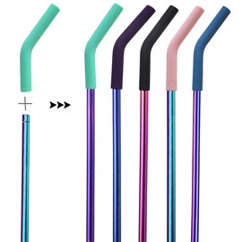 Senneny Set of 5 Stainless Steel Straws with Silicone Flex Tips Elbows Cover, 2 Cleaning Brushes and 1 Portable Bag Included (Colorful)- 8mm diameter