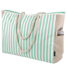 GAGAKU Beach Bag for Women XXL Family Swimming Bag Extra Large Beach Bag with Zip Sandproof Canvas Beach Bag Travel Beach Bag, 1_green striped