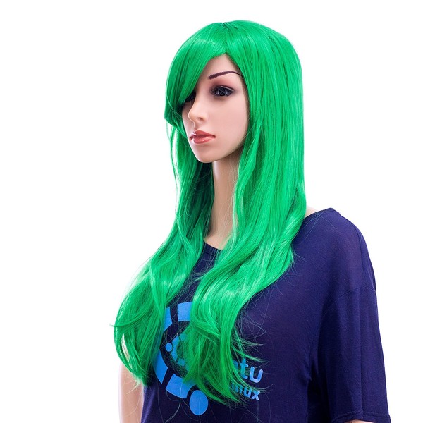 SWACC 26-Inch Long Curly Wave Cosplay Synthetic Wig Colored Hair Piece for Women with Wig Cap (Green)