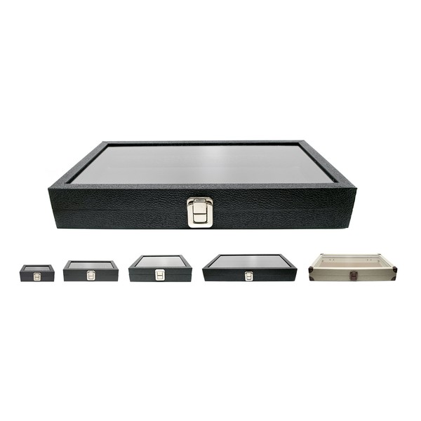 Novel Box Large Glass Top Black Leatherette Metal Clasp Jewelry Display Case 14.75X8.25X2.1 + NB Cleaning Cloth